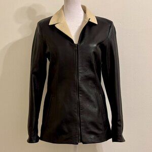 Vera Pelle Women’s Black Lambskin Leather Jacket Cream Collar and Cuffs Size S